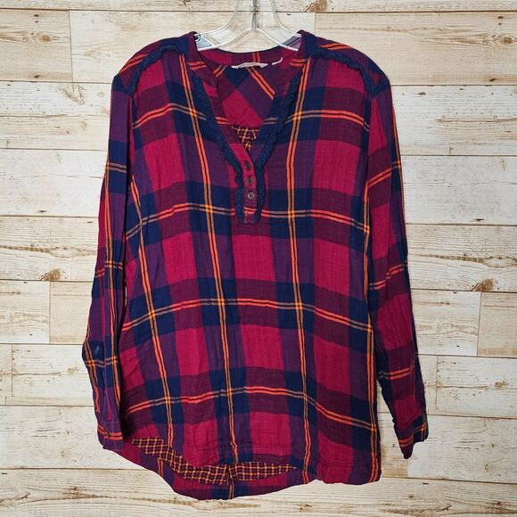 Soft Surroundings Ellesmere Double Flannel Long Sleeve Button Medium Crochet Top - Picture 1 of 14